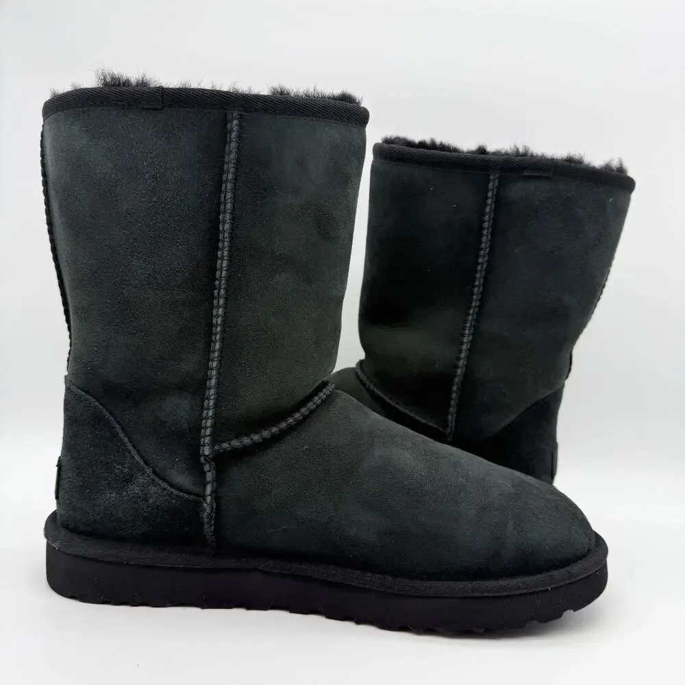 UGG Womens Classic Short ll Mid Calf Boots US 10 EU 41 Black Suede EUC